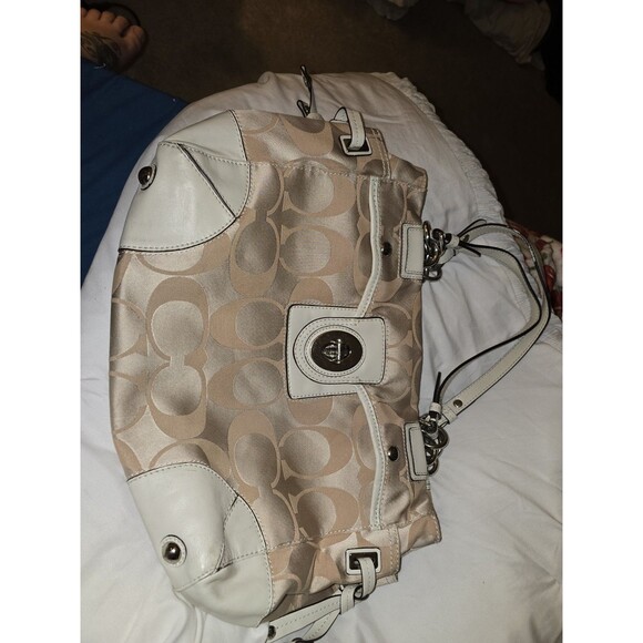 COACH Peyton Signature Satchel #14528 Khaki Jacquard Leather Trim Large Carryall - Picture 1 of 16
